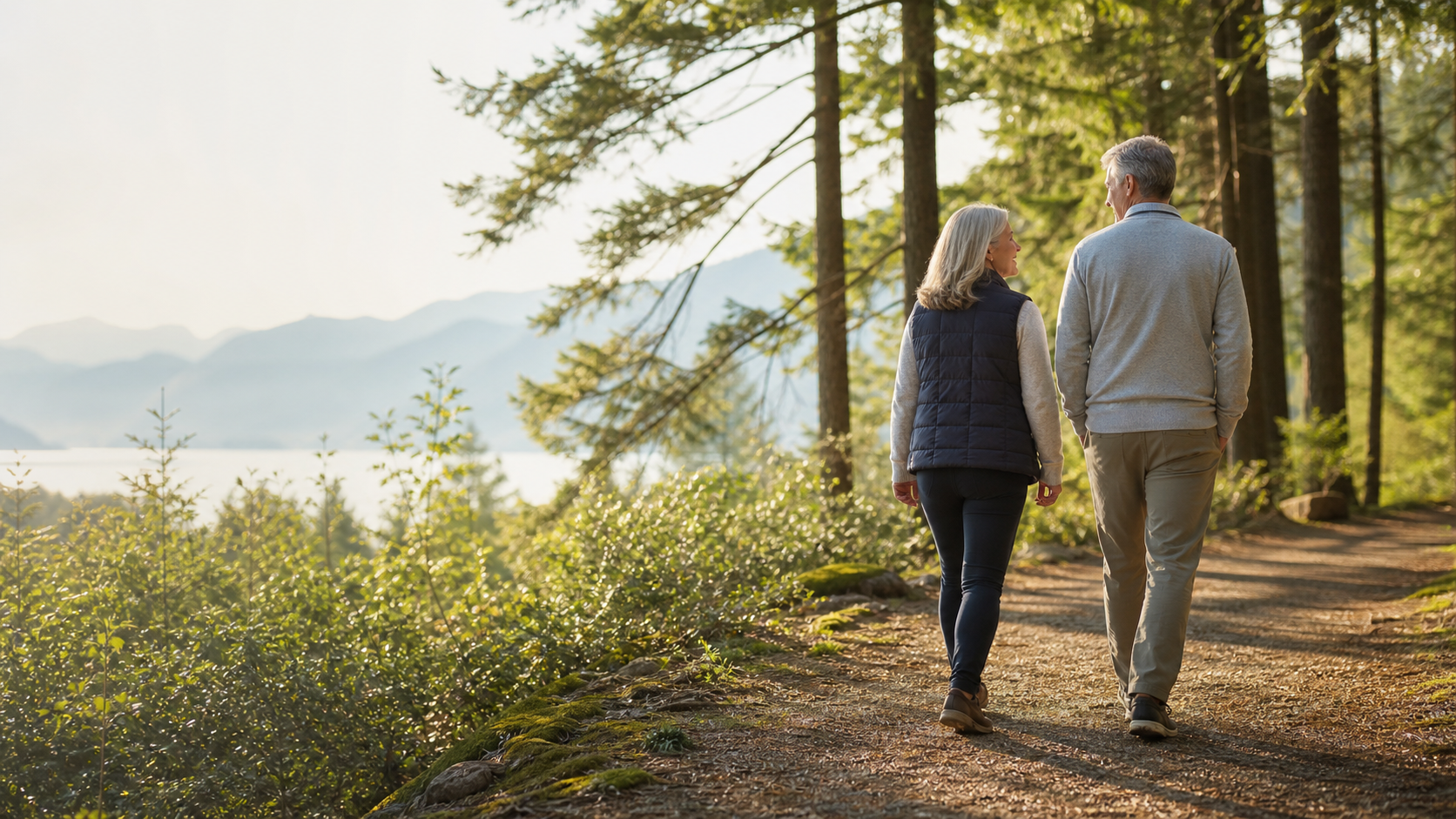 A couple walking together on a wooded path